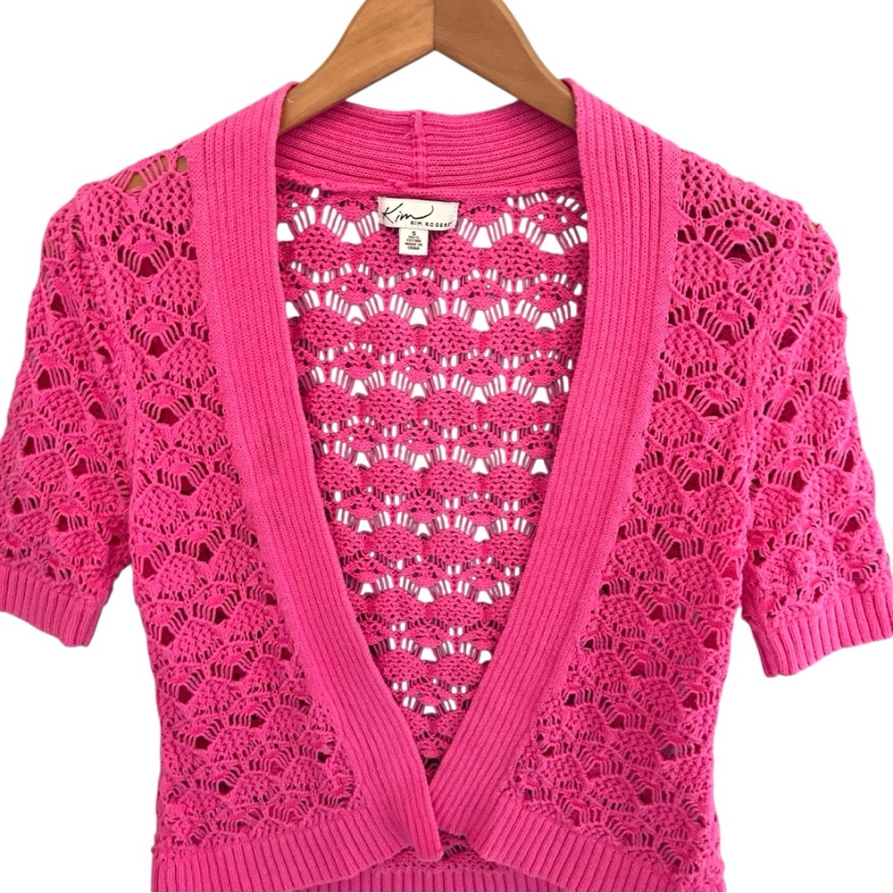 Vintage Y2K Pink Crocheted Shrug / Open Cardigan Short Sleeve Size Small - Picture 5 of 7